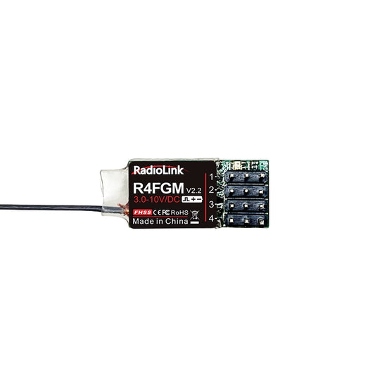 RadioLink R4FGM 4-Channel Mini Receiver, RadioLink R4FGM V2.2 is a 4-channel mini receiver with gyro for 1:28 RC cars, compliant with FHSS, CE, FCC, RoHS standards.