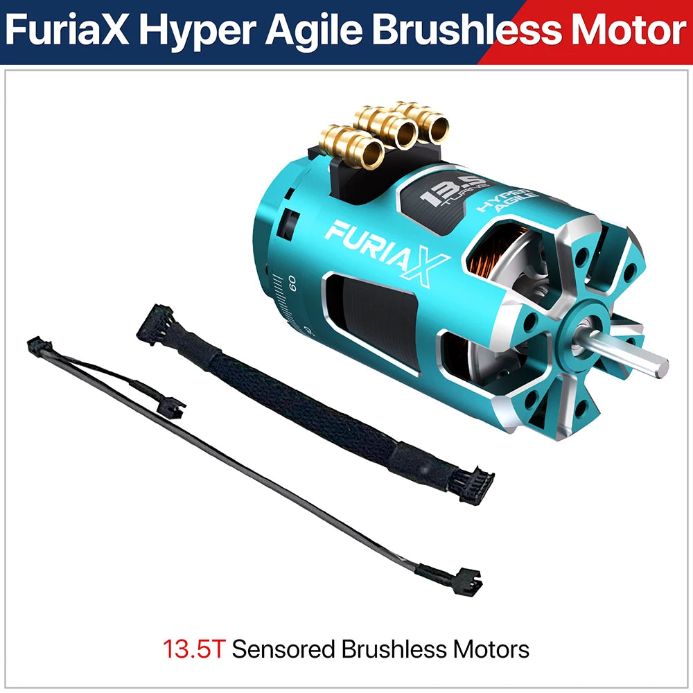 SkyRC FuriaX Hyper Agile brushless motor graphic showing 13.5T sensored drift motor and sensor leads