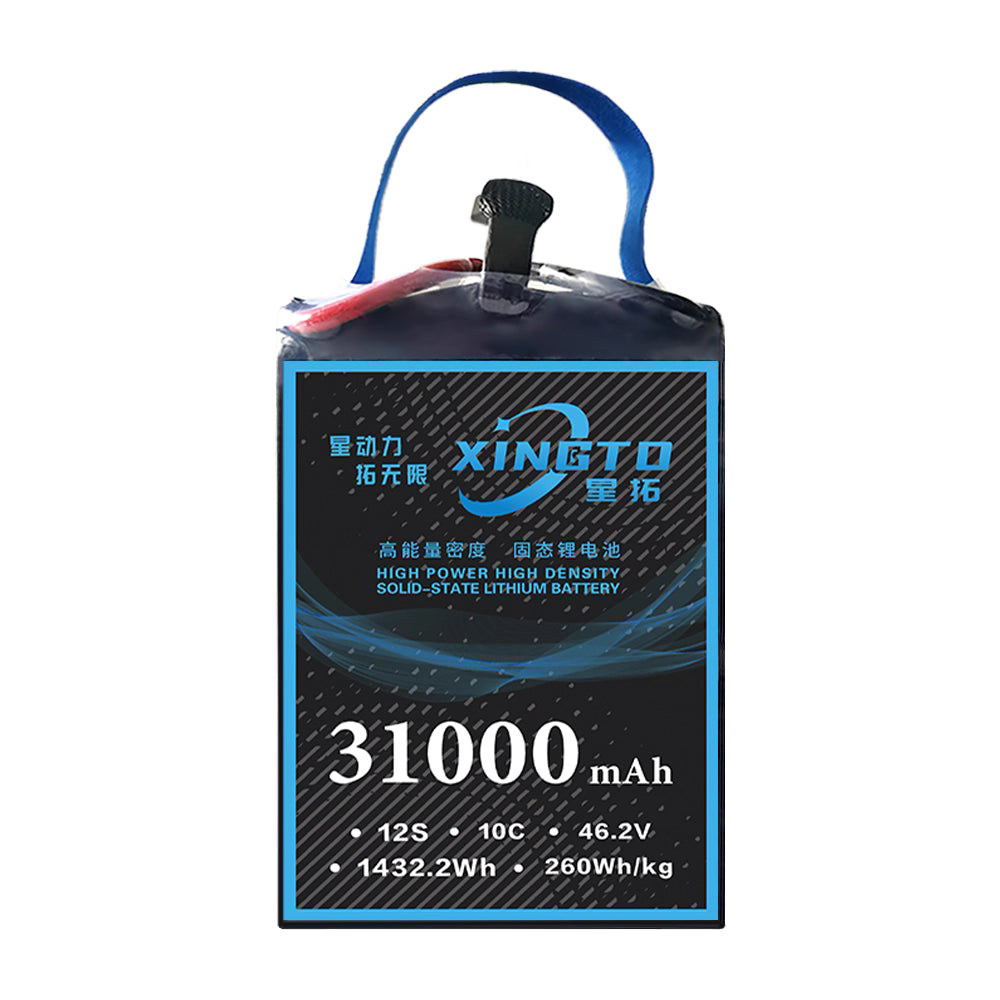 XINGTO 31000mAh, 12S, 46.2V, 10C solid-state lithium battery with 1432.2Wh capacity and 260Wh/kg energy density.