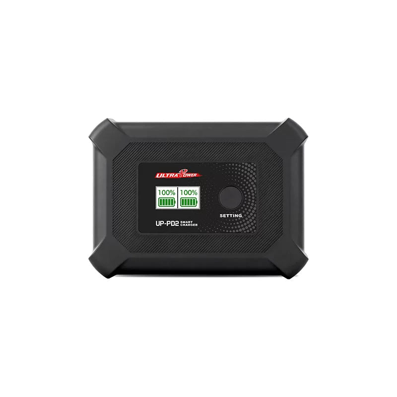 Ultra Power UP-PD2 dual-channel 1-4S LiPo/LiHV DC charger, top view with display and Setting button