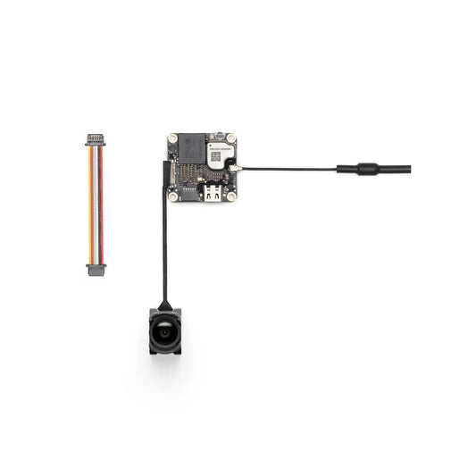 DJI O4 Wide Air Unit with camera, antenna, and connector cable on white background