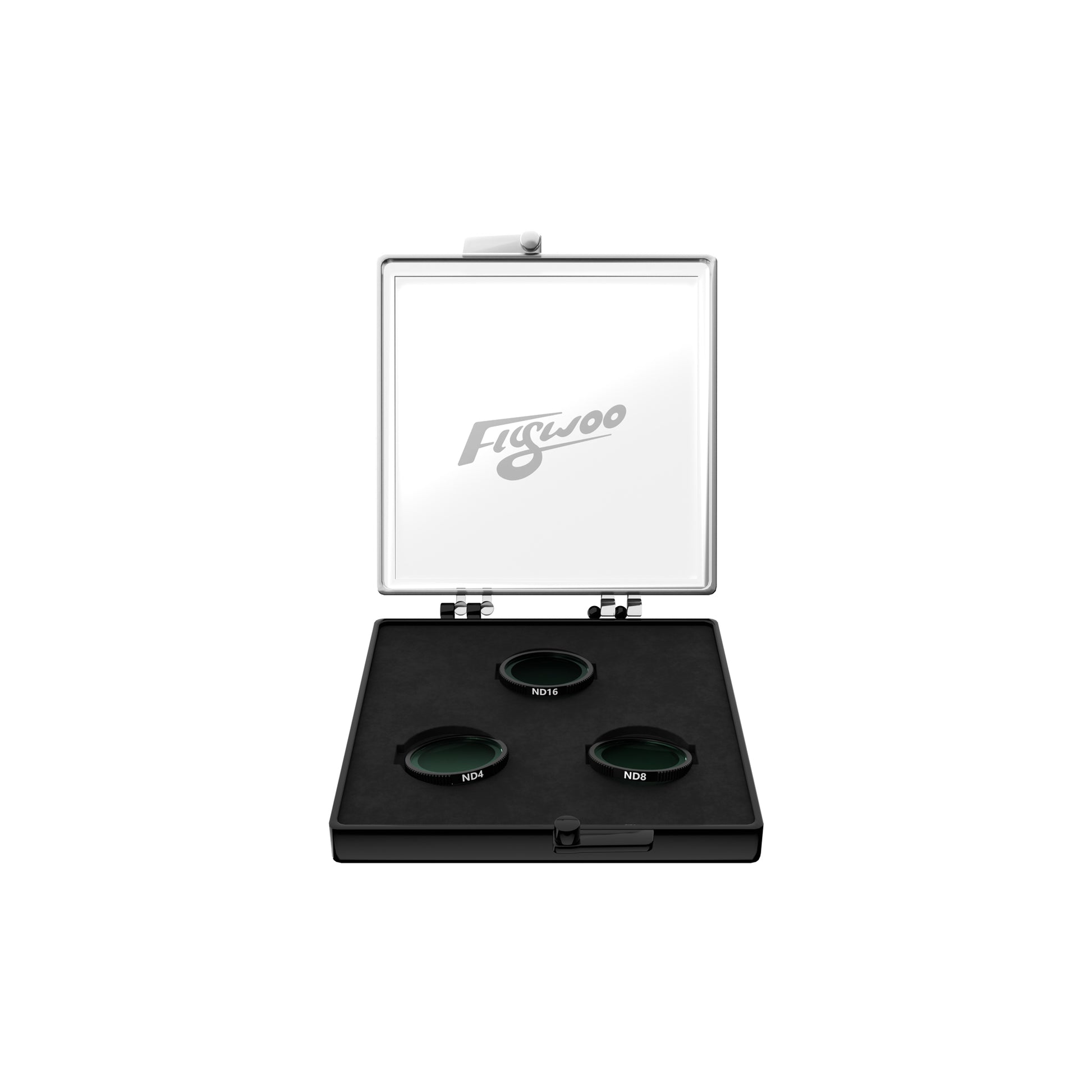 Flywoo O4 ND filter set in a hinged case with three lens filters labeled ND4, ND8 and ND16