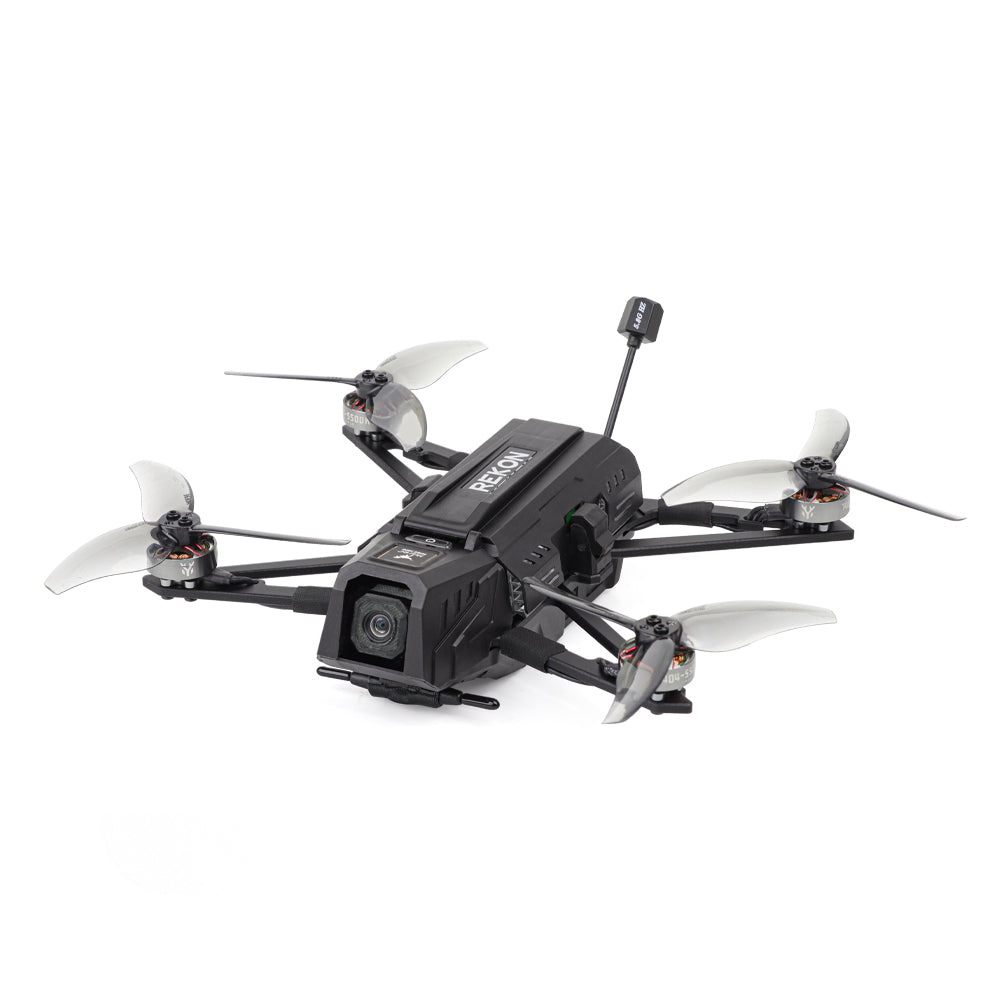 HGLRC Rekon35 v2 Long-Range FPV Drone with front camera, four props and antenna, angled view