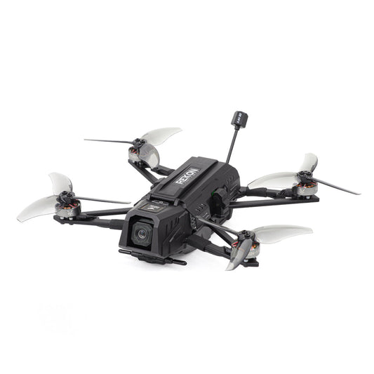 HGLRC Rekon35 v2 Long-Range FPV Drone with front camera, four props and antenna, angled view