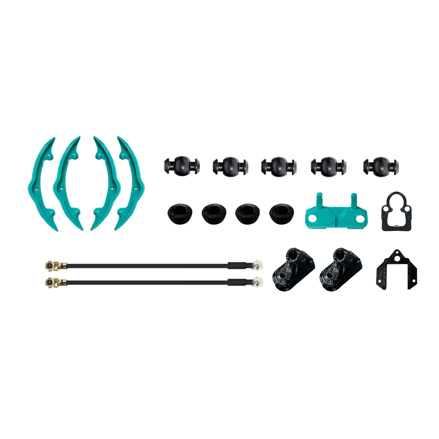 Replacement parts bundle with teal bumpers, grommets, mounts, brackets, and two cable assemblies