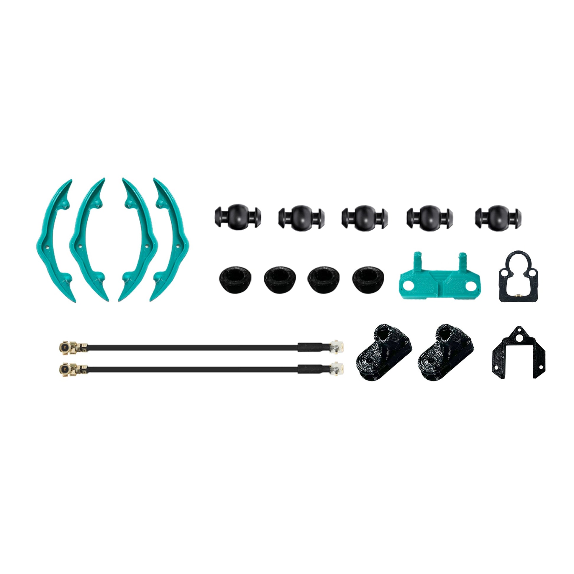 Replacement parts bundle with teal bumpers, grommets, mounts, brackets, and two cable assemblies