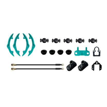 Replacement parts bundle with teal bumpers, grommets, mounts, brackets, and two cable assemblies