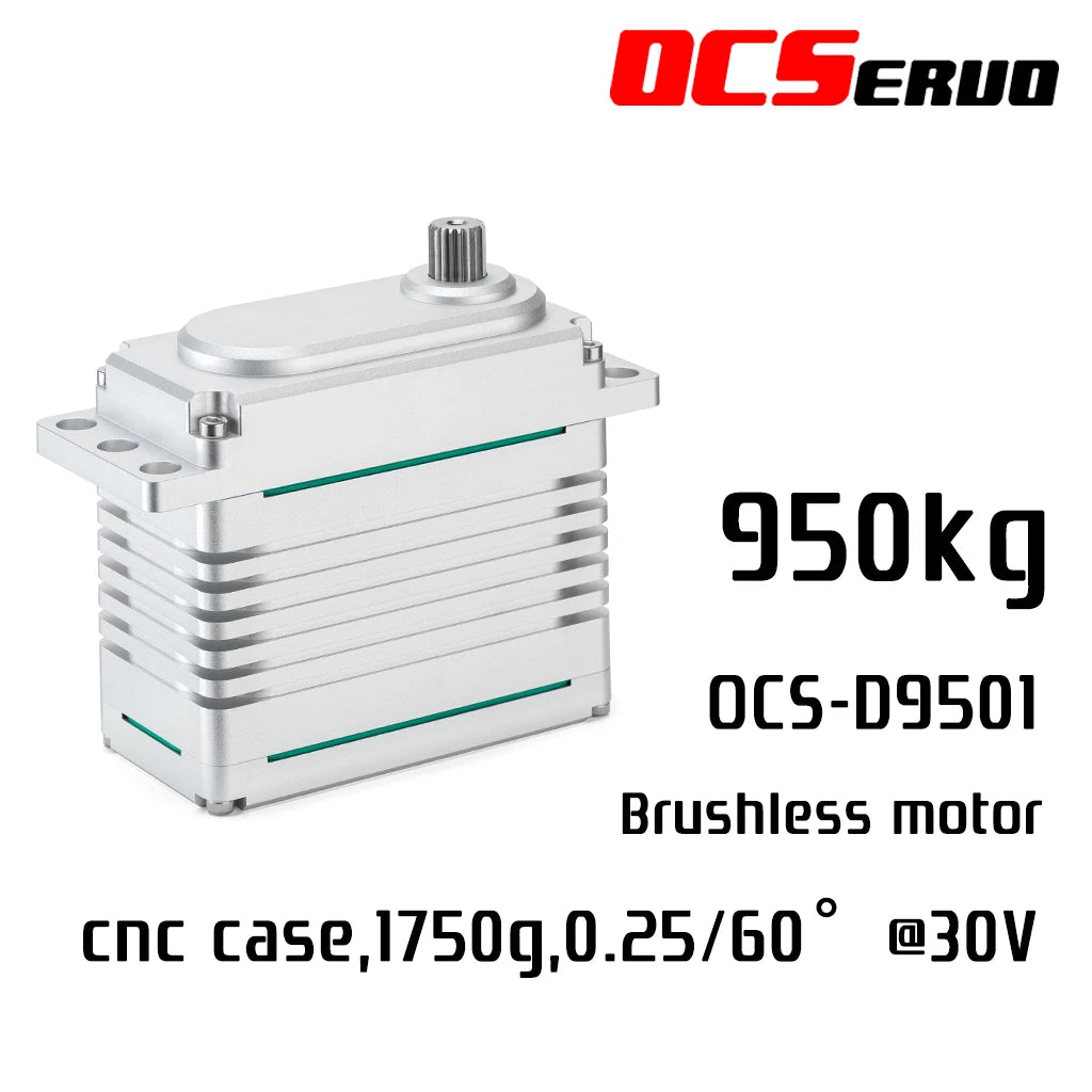 OCSERVO, Motor specifications: WCServo 950kg, CNC case, brushless, weighs 1750g, operates at 0.25/60 RPM at 30V.