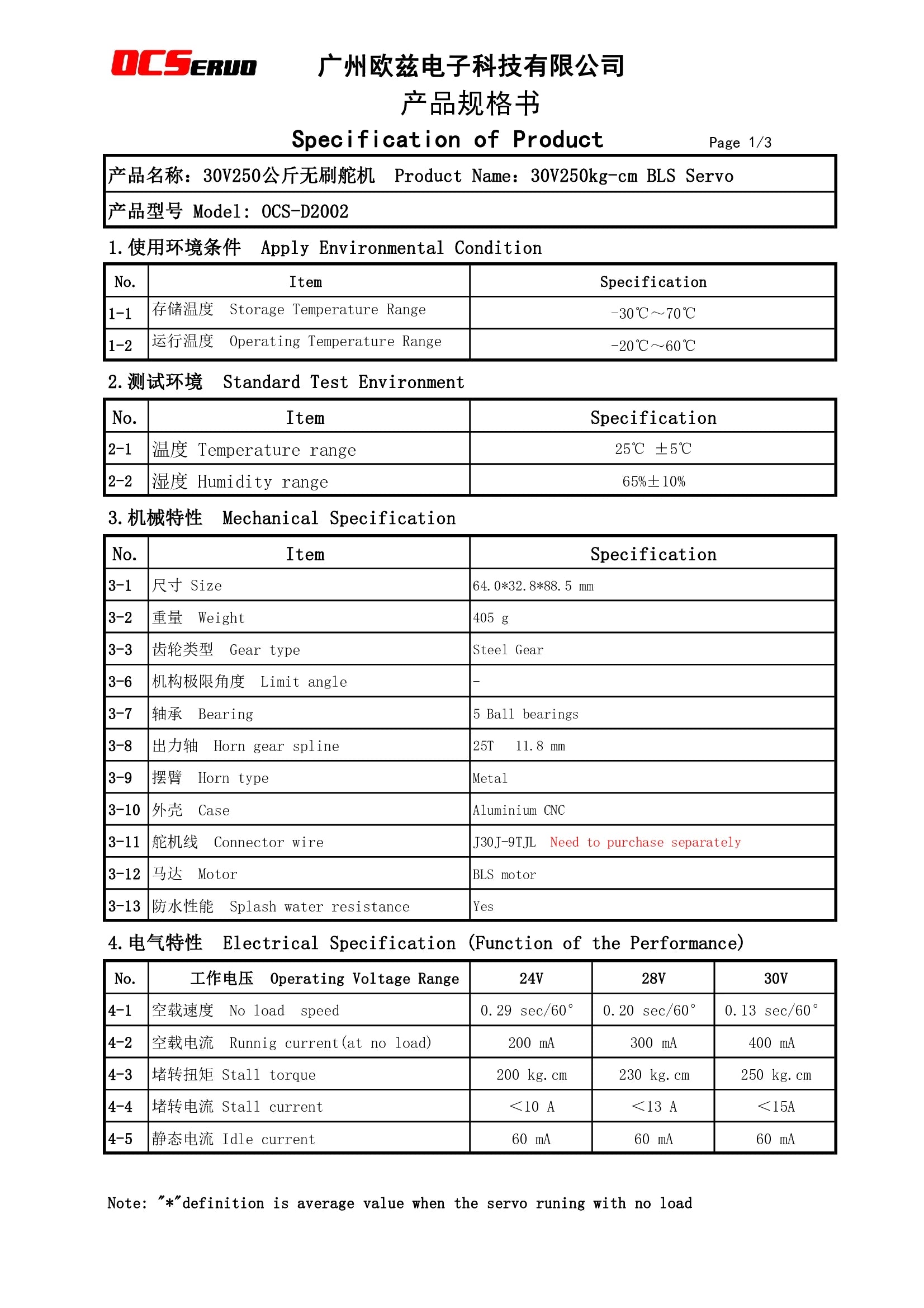 OCServo, Servo motor specifications for 30V250kg-cm BLS Servo F204#8, including environmental and mechanical specs, as well as electrical specifications.