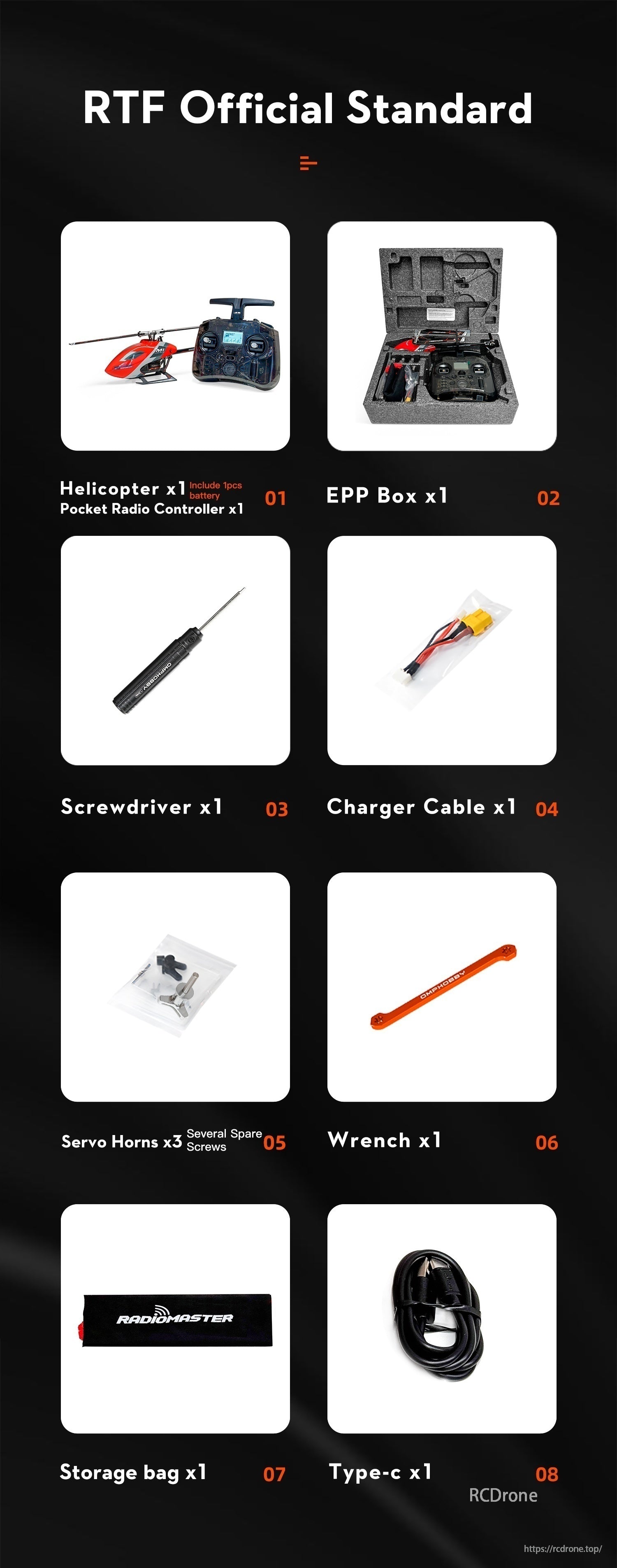 OMPHOBBY M1 EVO RC Helicopter, The product measures 290mm x 54mm x 88mm, featuring an orange and white design.