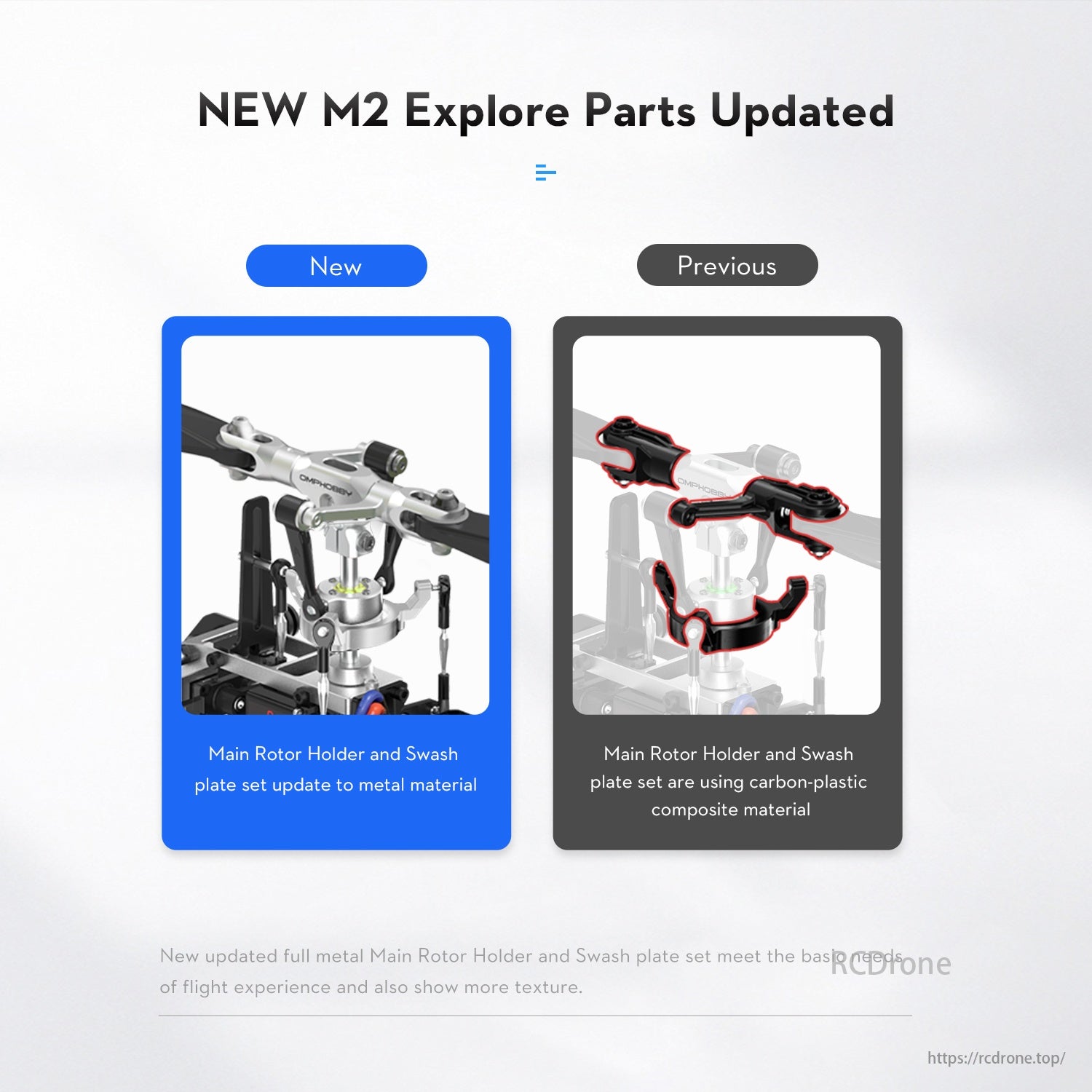 OMPHOBBY M2 Explore RC Helicopter, M2 Explore updates include metal main rotor holder and swash plate, enhancing flight experience and texture over previous carbon-plastic parts.