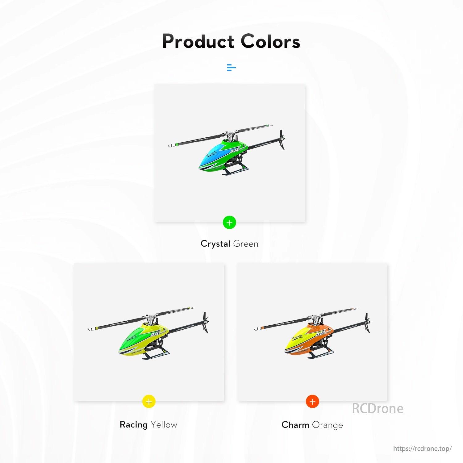 OMPHOBBY M2 Explore RC Helicopter, Product colors: Crystal Green, Racing Yellow, Charm Orange helicopters displayed.