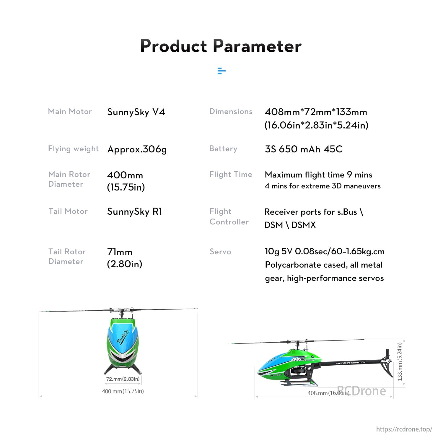 OMPHOBBY M2 Explore RC Helicopter, Drone features SunnySky V4 motor, 306g weight, 400mm rotor diameter, 9-minute flight time, s.Bus/DSM/DSMX ports, high-performance servos.