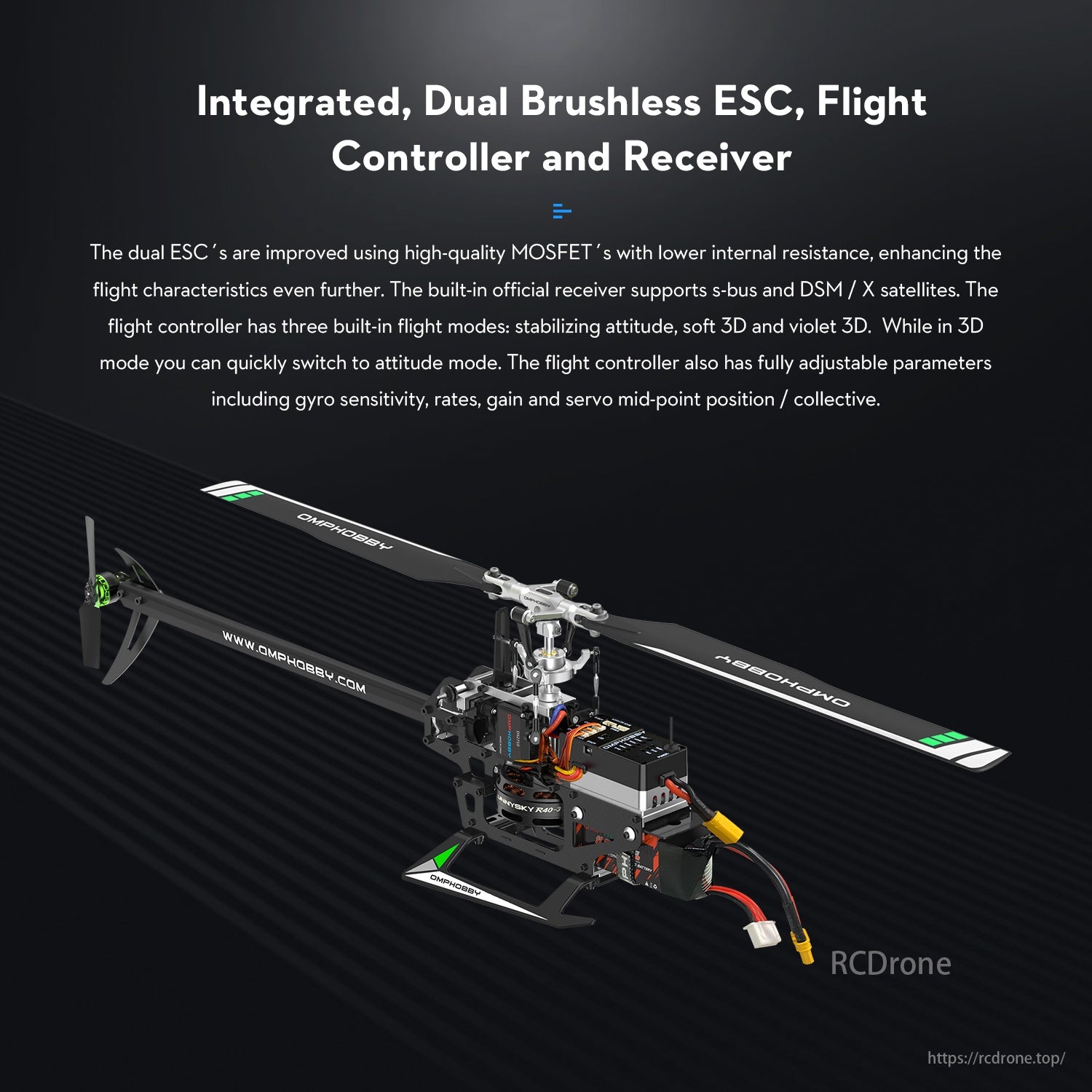 OMPHOBBY M2 Explore RC Helicopter, Dual brushless ESCs with MOSFETs enhance flight. Built-in receiver supports s-bus, DSM/X. Flight controller offers stabilizing, soft 3D, violet 3D modes; adjustable parameters.