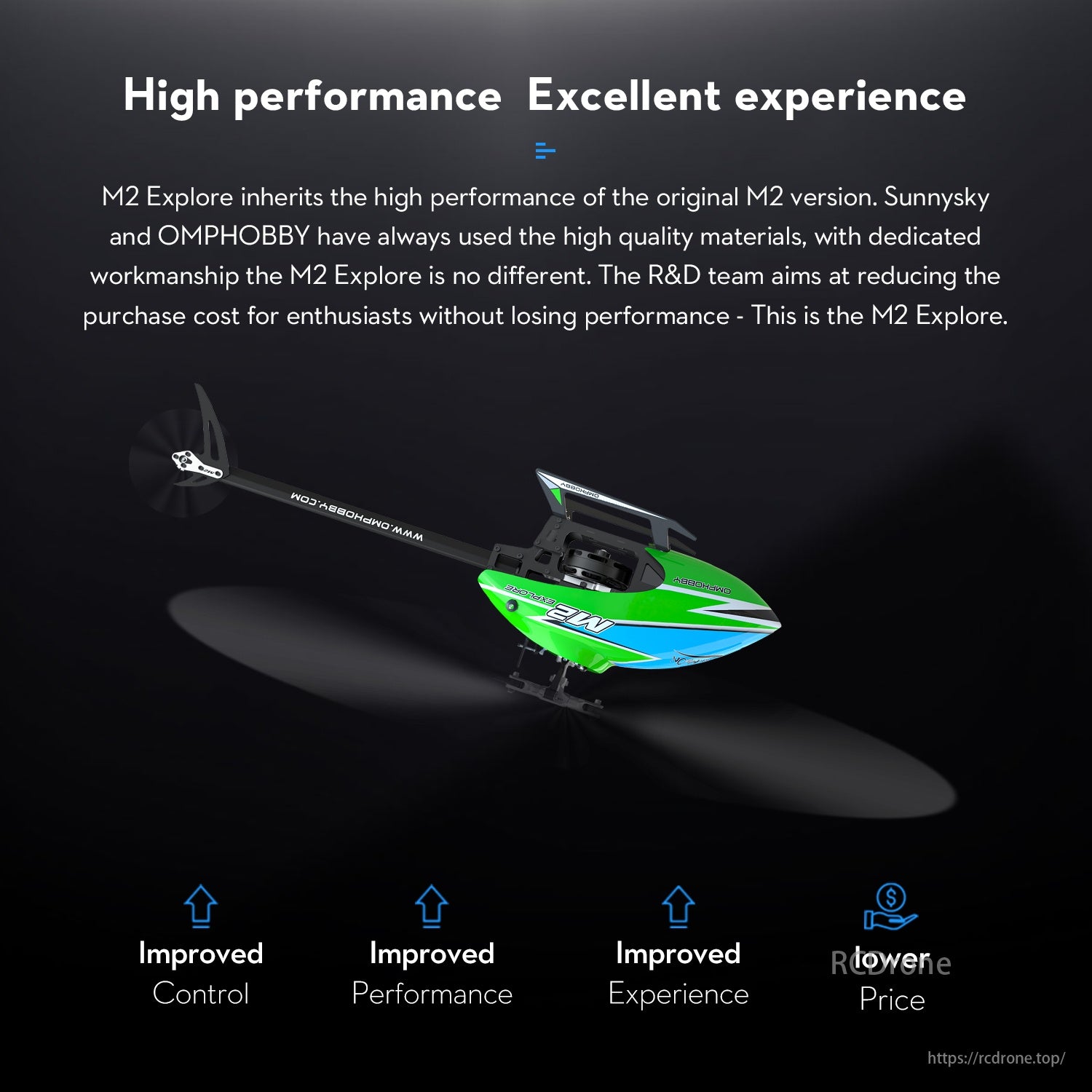 OMPHOBBY M2 Explore RC Helicopter, M2 Explore provides high performance and quality experience with advanced features and lower costs, focusing on improved control and materials.