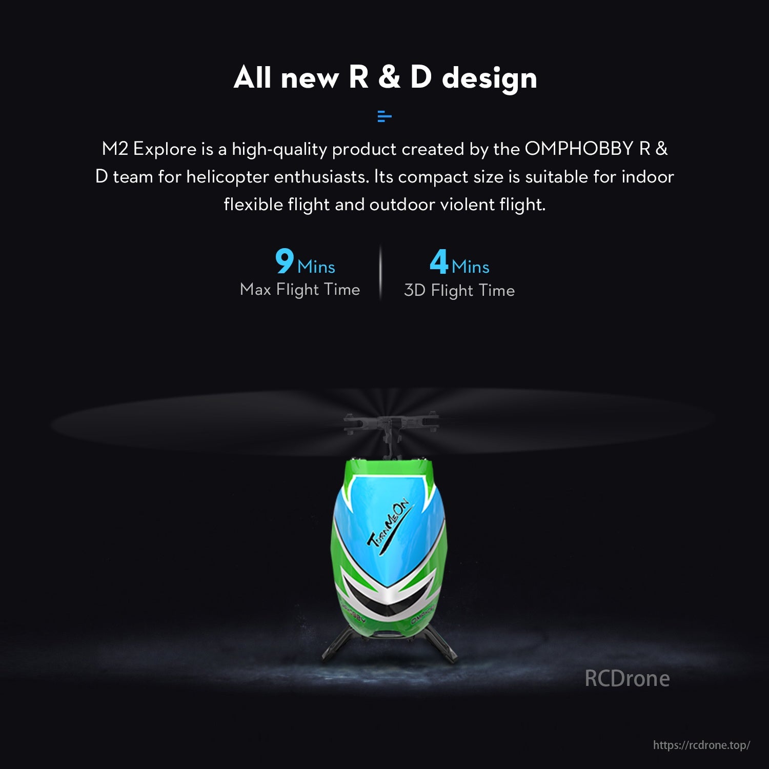 OMPHOBBY M2 Explore RC Helicopter, M2 Explore: new R&D design, compact helicopter for enthusiasts, suitable indoors/outdoors, with 9 mins max flight, 4 mins 3D flight.