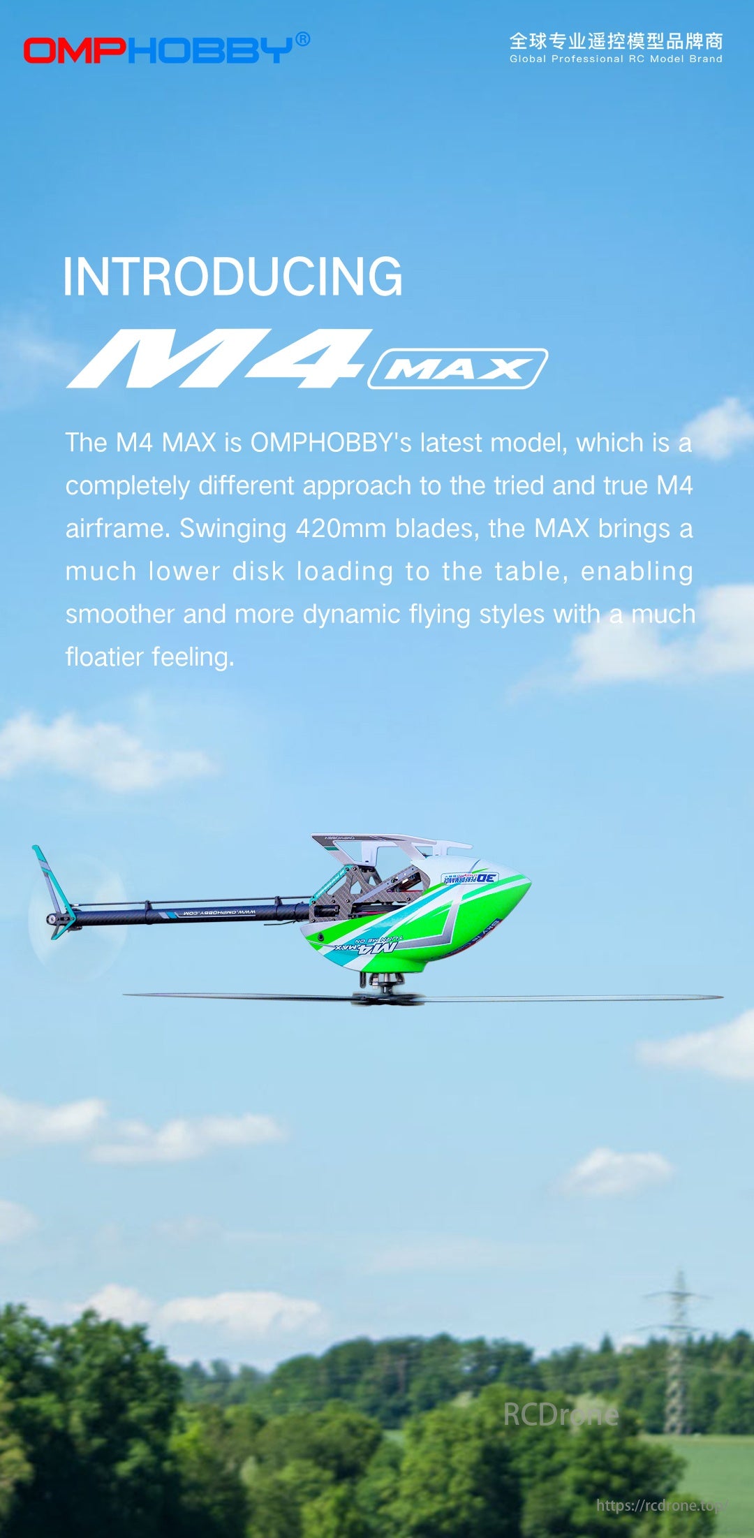 OMPHOBBY M4 MAX RC Helicopter, OMPHOBBY's M4 MAX features 420mm blades, lower disk loading for smoother flights, and an enhanced design for a better flying experience.