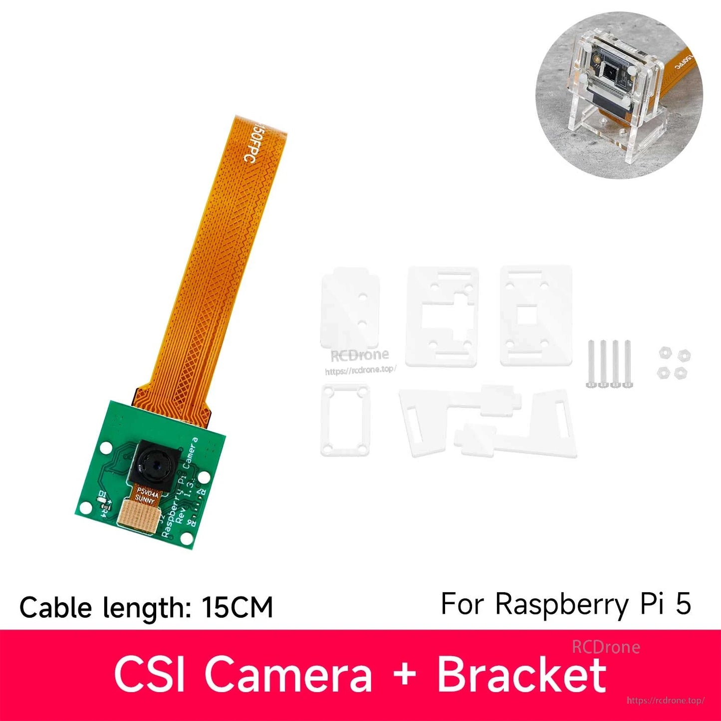 CSI camera module with bracket kit components and screws shown; 15cm ribbon cable for Raspberry Pi 5