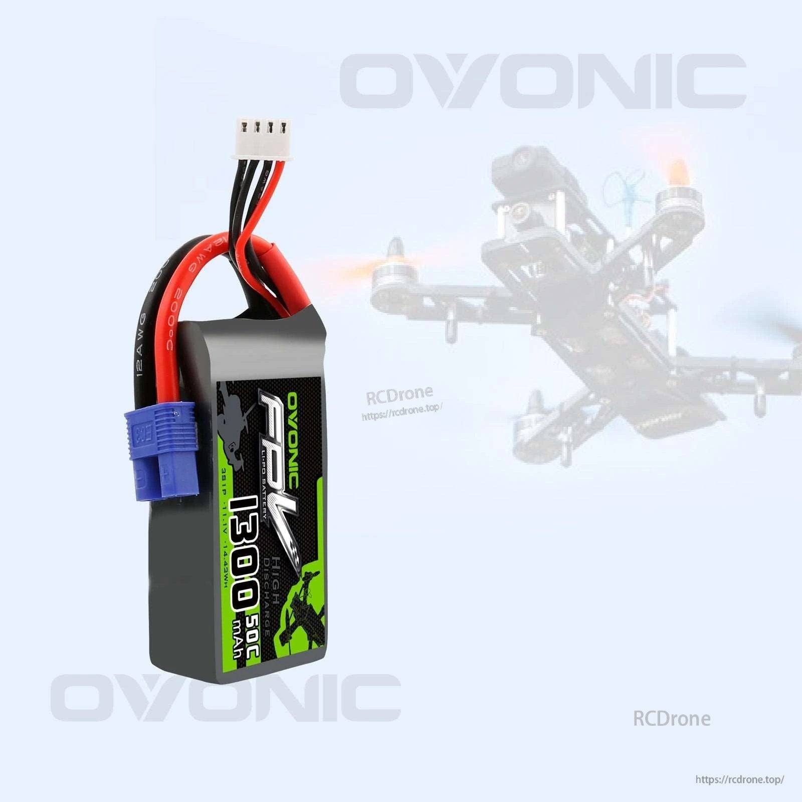 Upright battery pack with EC3 connector on a drone-themed background