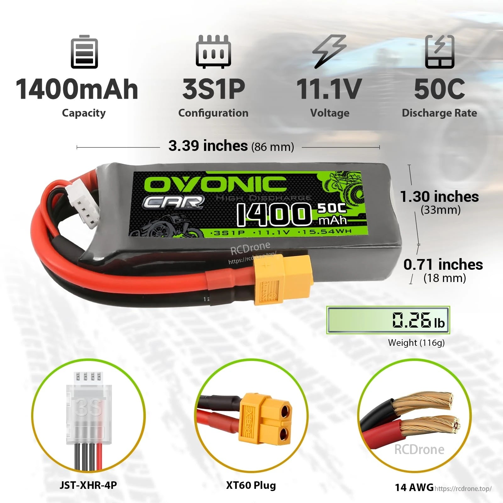 Spec infographic for OVONIC 11.1V 1400mAh 3S1P 50C LiPo battery with size, weight, XT60 and JST-XHR-4P
