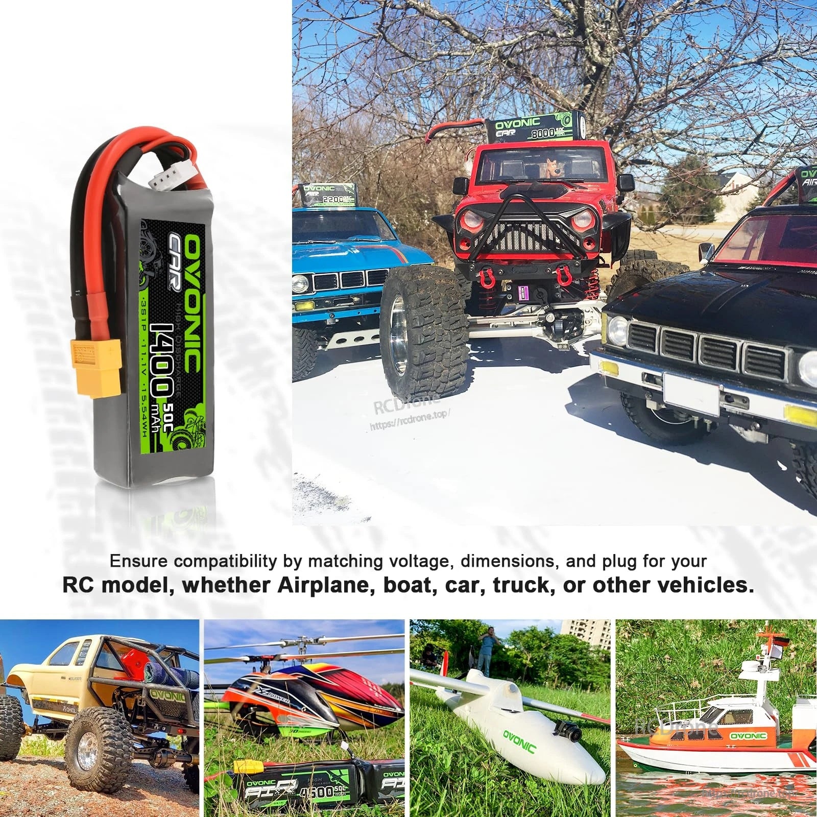 Compatibility collage with Ovonic LiPo and RC car, airplane, helicopter, and boat examples; match voltage, size, and plug