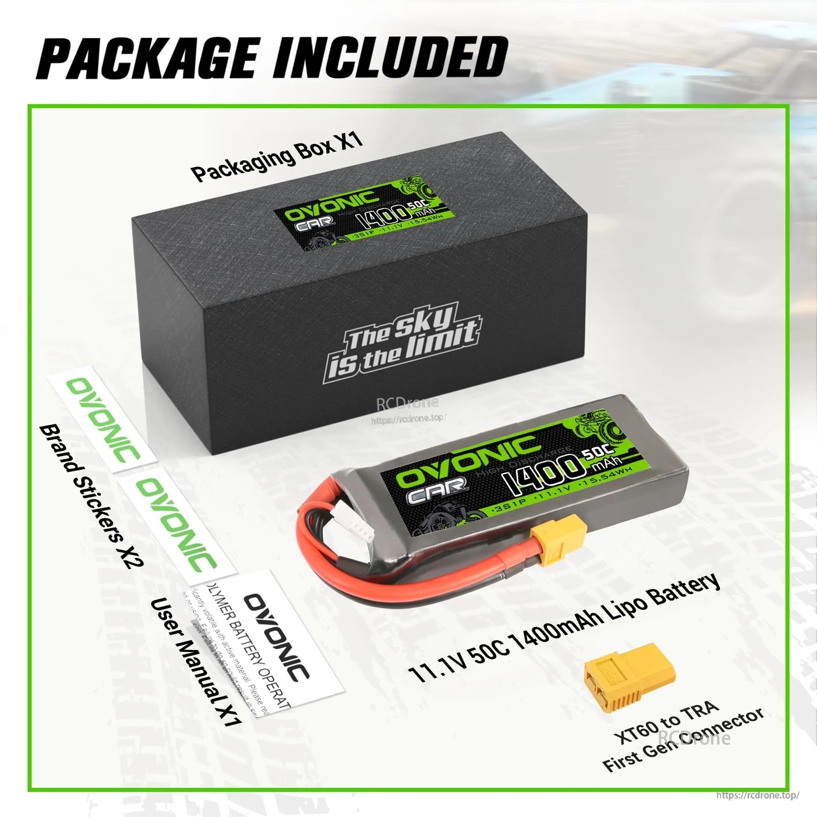 Package contents: Ovonic 11.1V 50C 1400mAh LiPo battery, XT60-to-TRA (TRX) adapter, user manual, stickers, and box