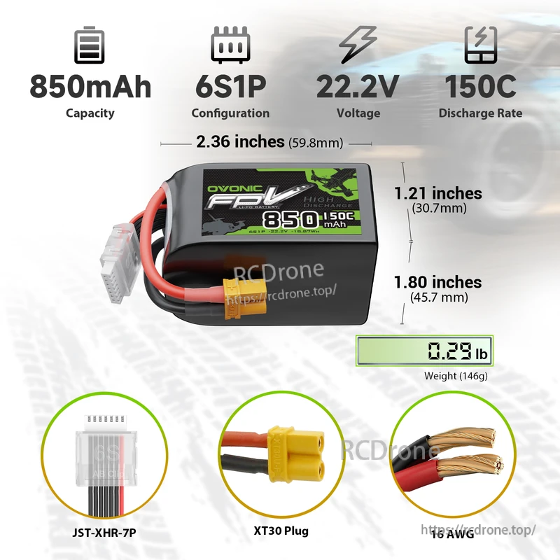 OVONIC 22.2V 6S 850mAh 150C LiPo battery with XT30 plug, JST-XHR-7P balance lead, 16AWG