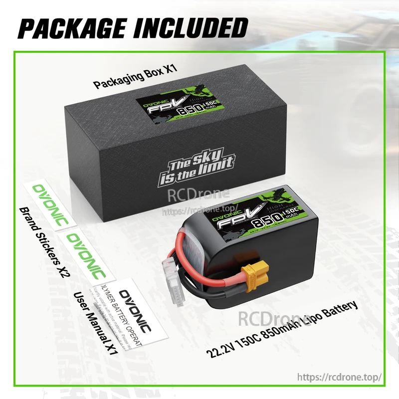 OVONIC 22.2V 6S 850mAh 150C LiPo Battery package contents: battery, box, user manual, and brand stickers