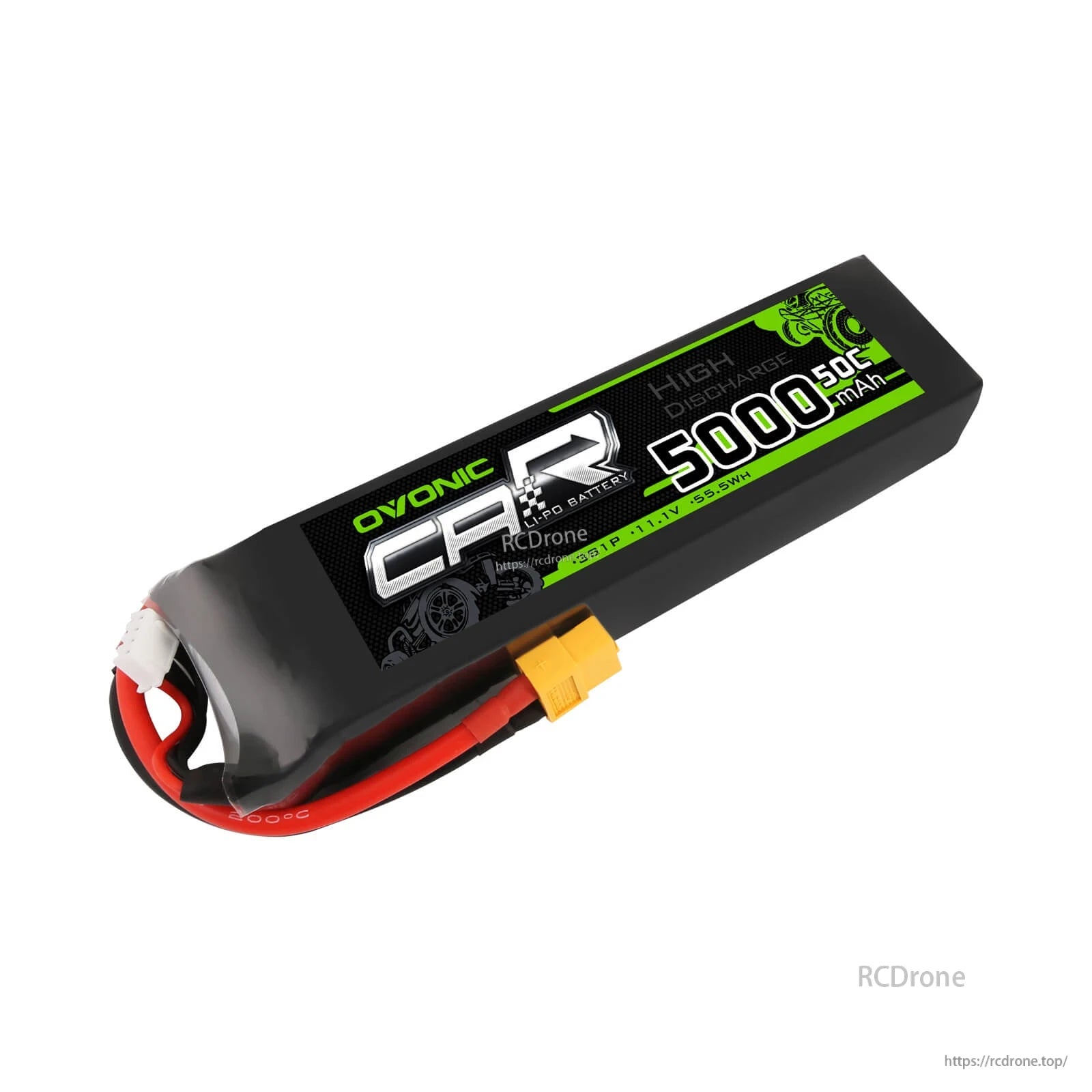 OVONIC 11.1V 3S 5000mAh 50C LiPo battery angled view showing label and XT60 power plug