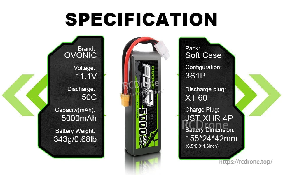 Specification chart for OVONIC LiPo battery listing 11.1V 3S1P, 5000mAh 50C, XT60 plug and case size