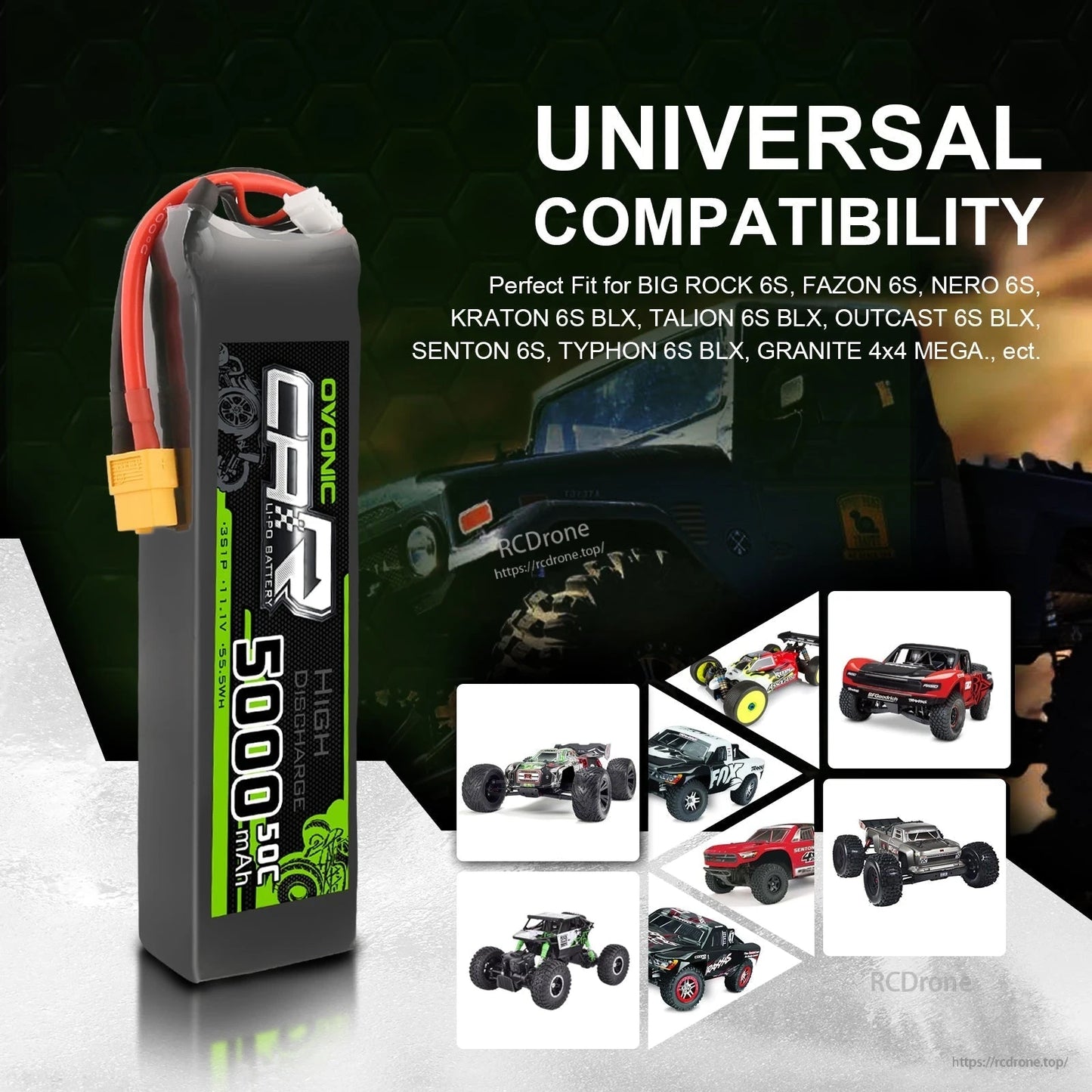 Universal compatibility graphic showing OVONIC battery and multiple RC car and truck applications