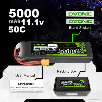Package contents graphic with OVONIC 5000mAh 11.1V 50C battery, packing box, brand stickers, and user manual