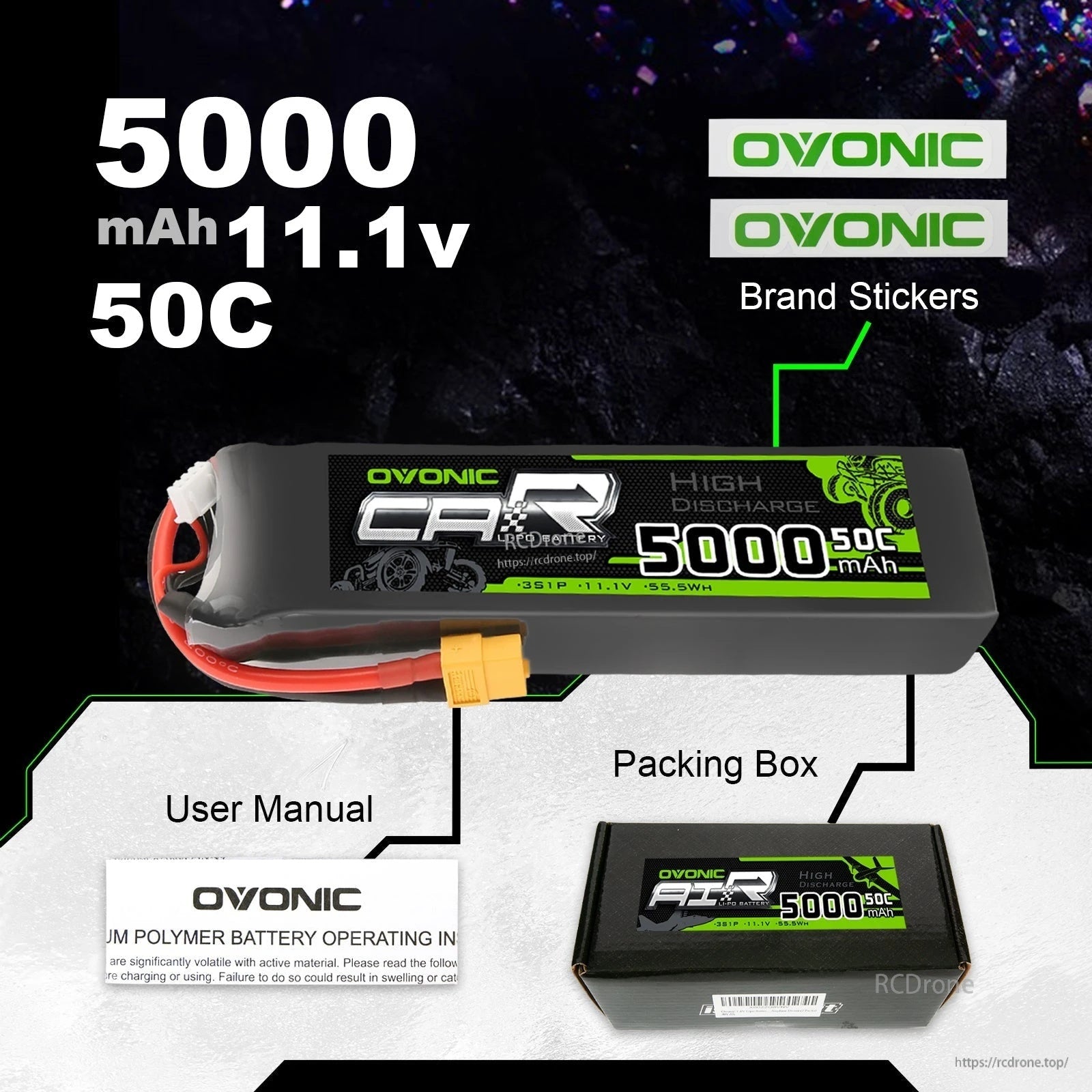 OVONIC 5000mAh 11.1V 50C LiPo battery with user manual, packing box, and brand stickers