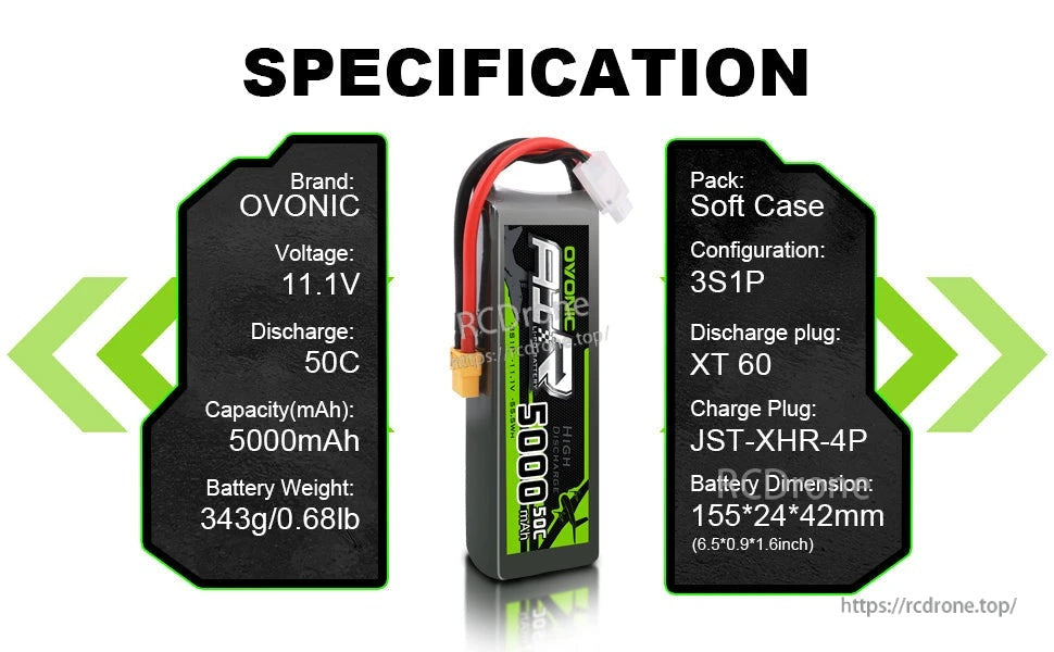 Specification graphic for OVONIC LiPo: 11.1V 5000mAh 50C, 3S1P soft case, XT60, JST-XHR-4P, 155×42×24mm