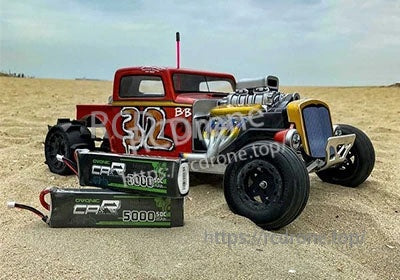 OVONIC 11.1V 3S 5000mAh 50C LiPo battery pack used with an RC hot rod car, XT60 lead visible