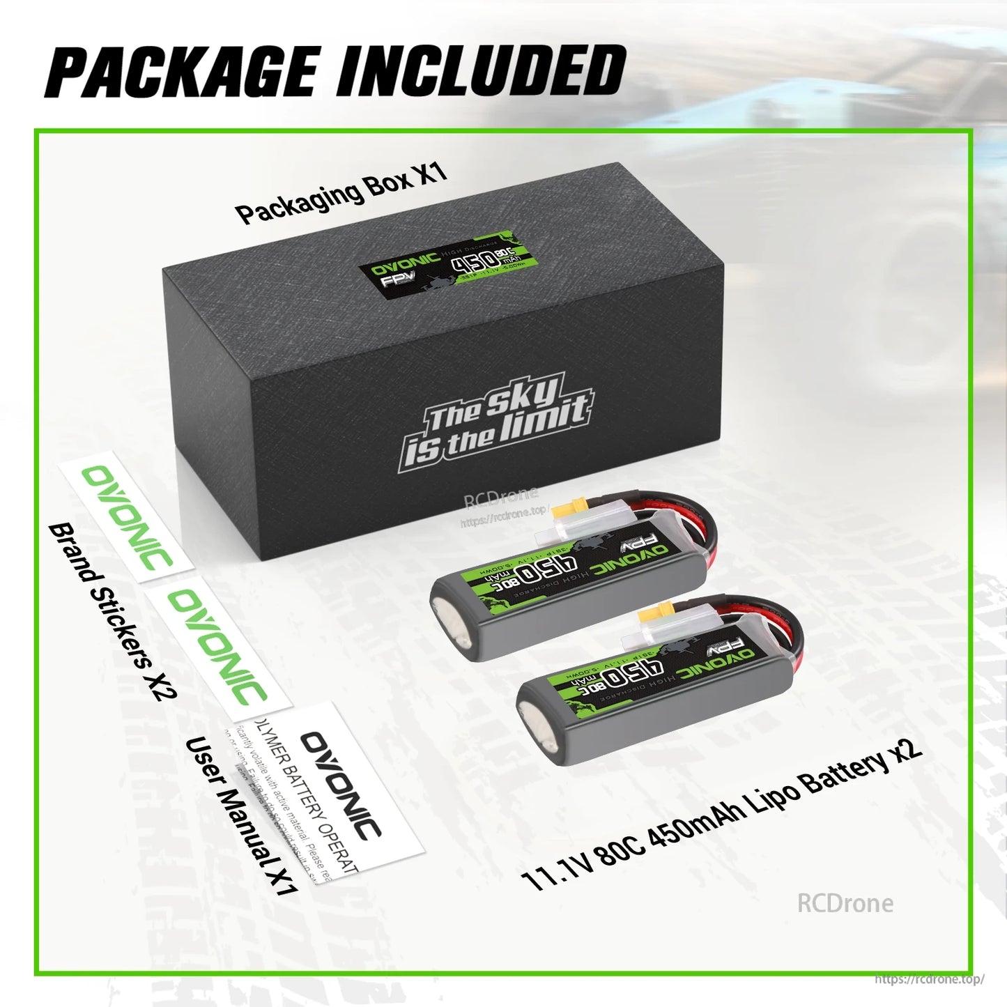 Package contents: two 11.1V 450mAh 80C LiPo batteries, box, two brand stickers, and user manual