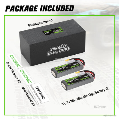 Package contents: two 11.1V 450mAh 80C LiPo batteries, box, two brand stickers, and user manual