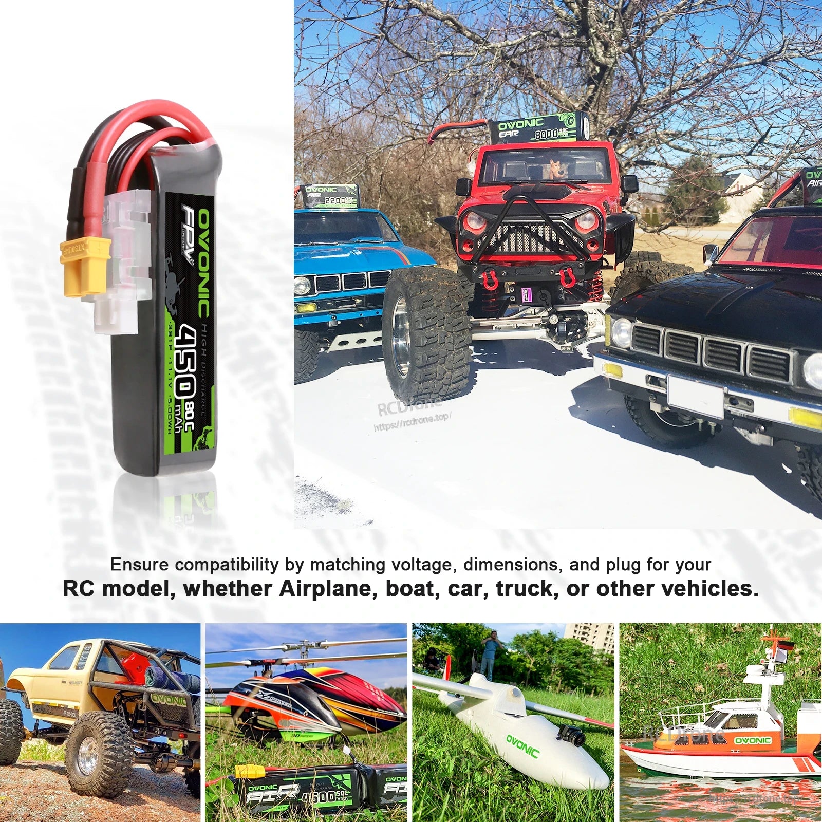 Long-size LiPo battery shown with RC model applications collage: truck, helicopter, airplane, and boat