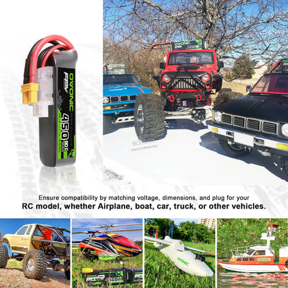 Long-size LiPo battery shown with RC model applications collage: truck, helicopter, airplane, and boat
