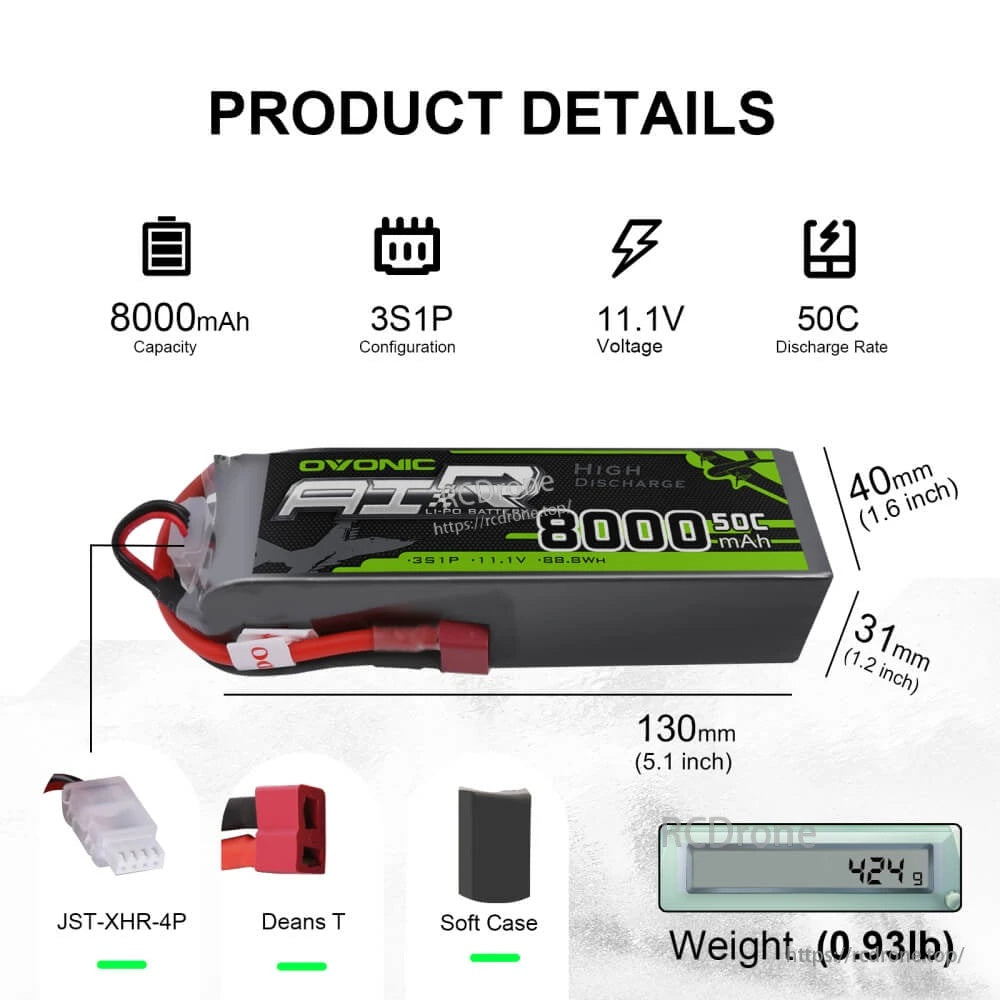 OVONIC 3S 11.1V 8000mAh 50C LiPo battery with Deans T plug, JST-XHR balance lead and size specs