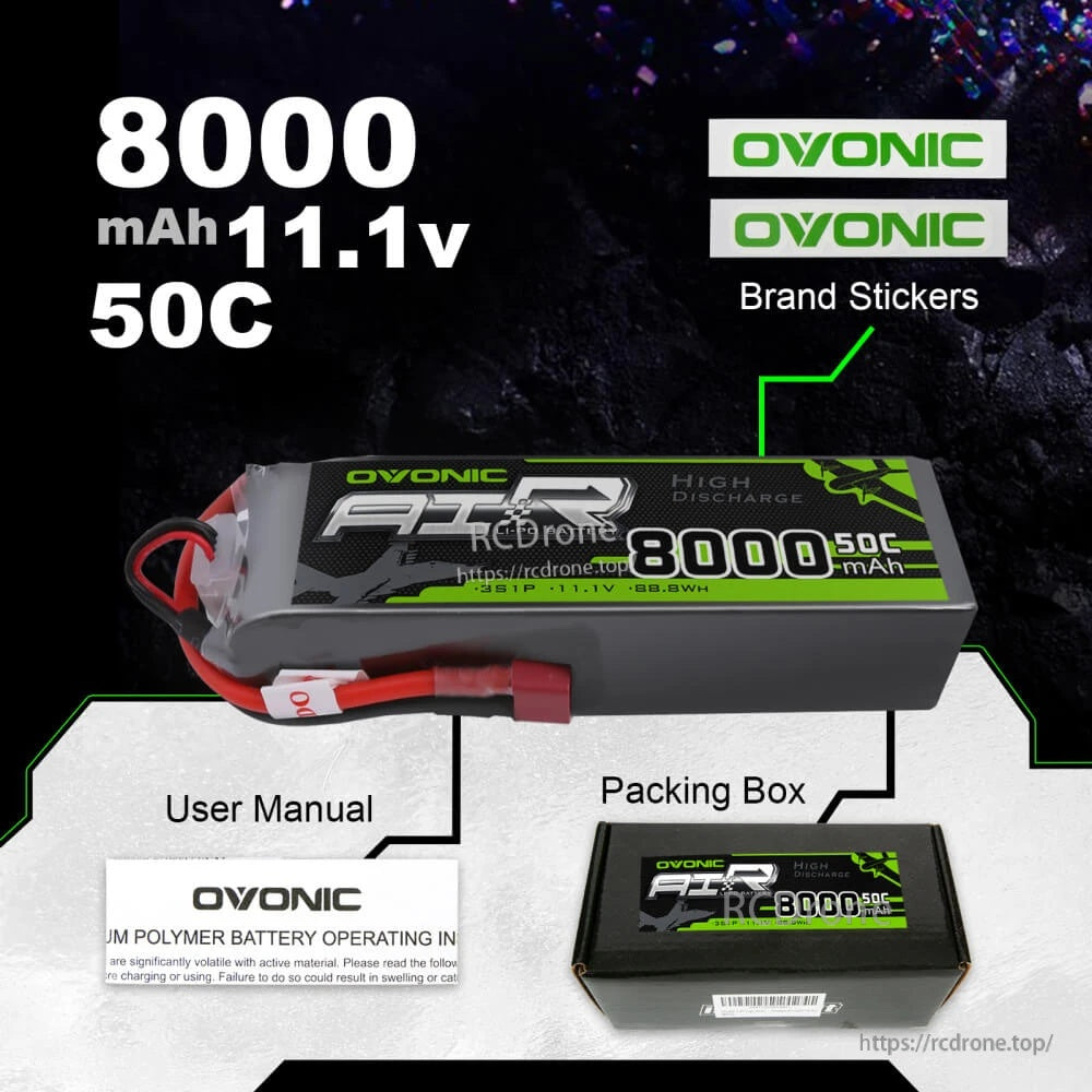 OVONIC 11.1V 8000mAh 50C LiPo battery kit with brand stickers, user manual and packing box