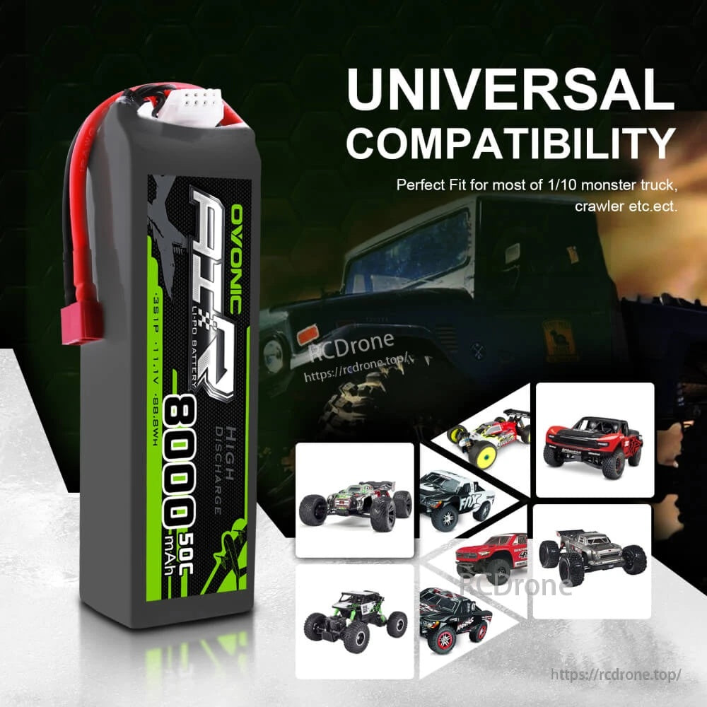 Ovonic 8000mAh 3S LiPo pack upright, highlighted as compatible for many 1/10 RC monster trucks and crawlers