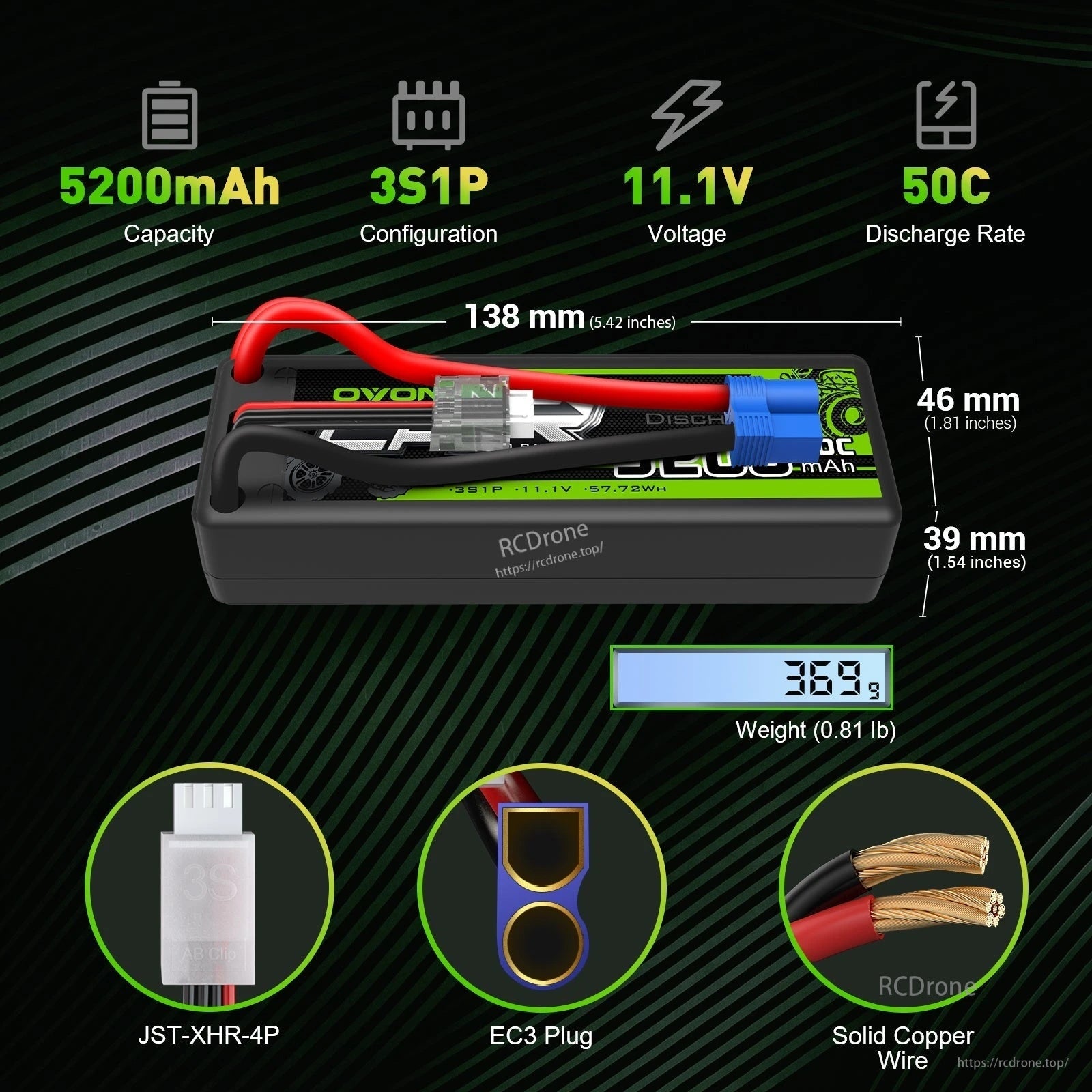 Infographic of 5200mAh 3S1P 11.1V 50C hardcase LiPo with 138×46×39mm size, 369.6g weight, EC3 and JST-XHR-4P