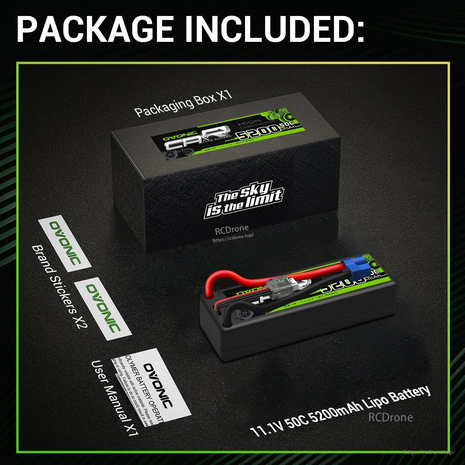 Package contents for Ovonic 11.1V 5200mAh 50C hardcase LiPo: battery, packaging box, user manual, and brand stickers