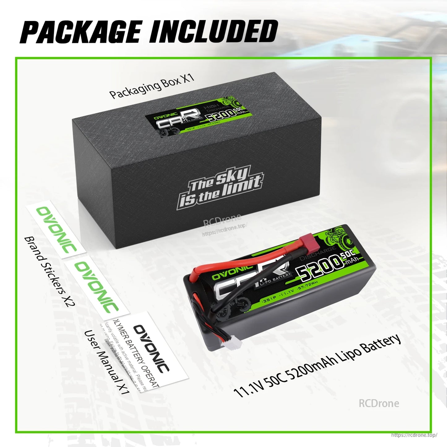 Package contents: OVONIC 11.1V 50C 5200mAh LiPo battery, packaging box, brand stickers, user manual