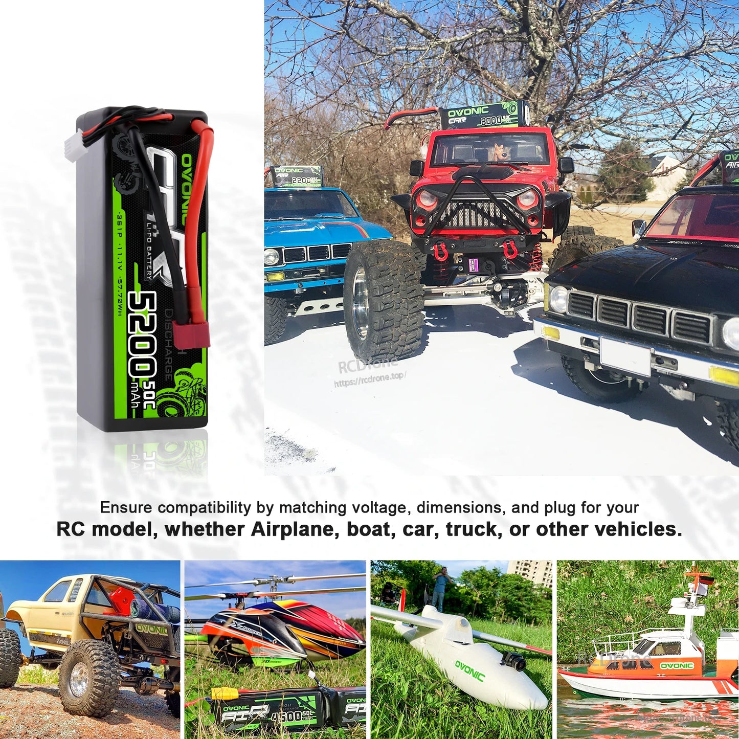 RC application collage showing battery with 1/10 RC car and other models (truck, helicopter, boat, airplane)