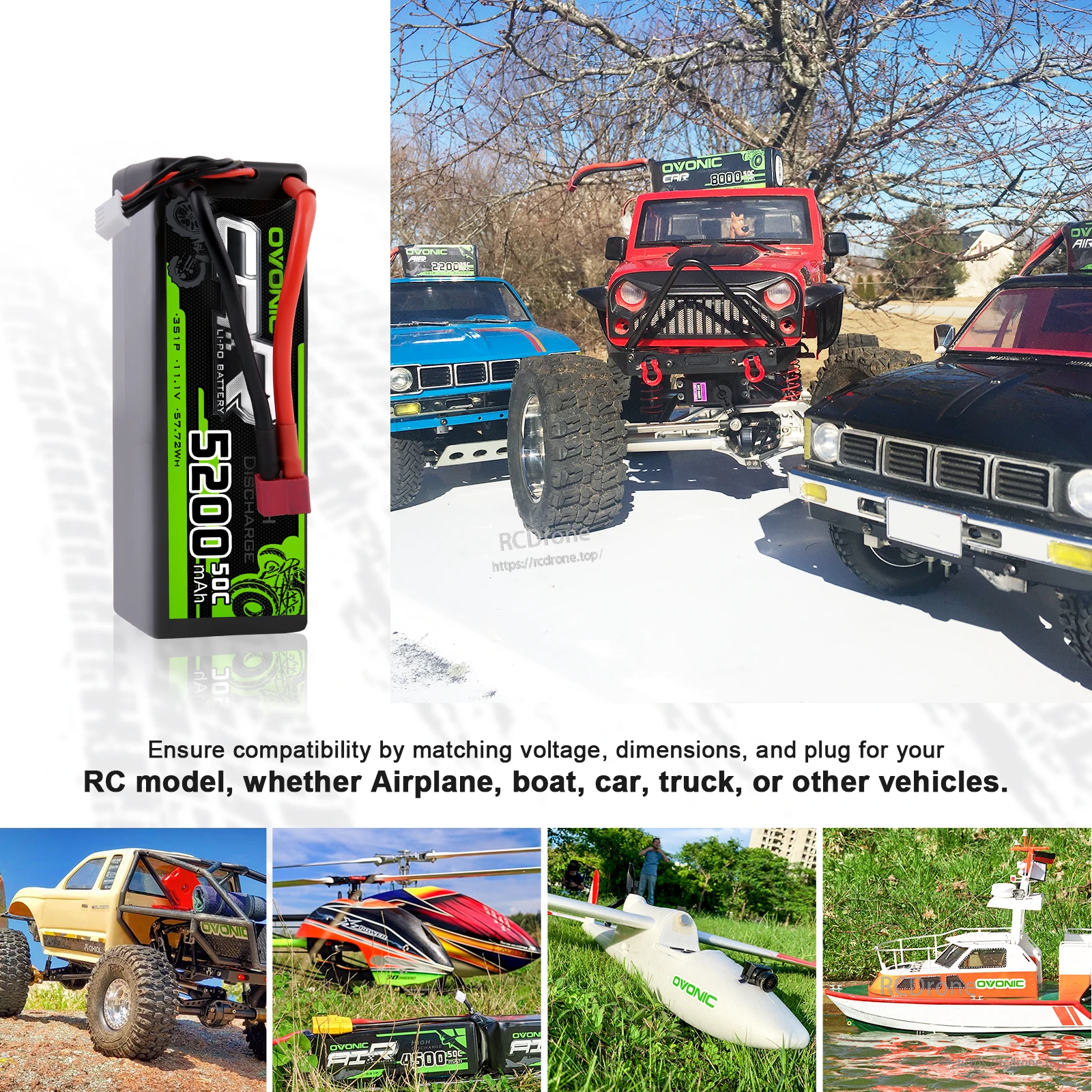 Compatibility collage showing the battery and various RC vehicles, noting to match voltage, dimensions, and plug type