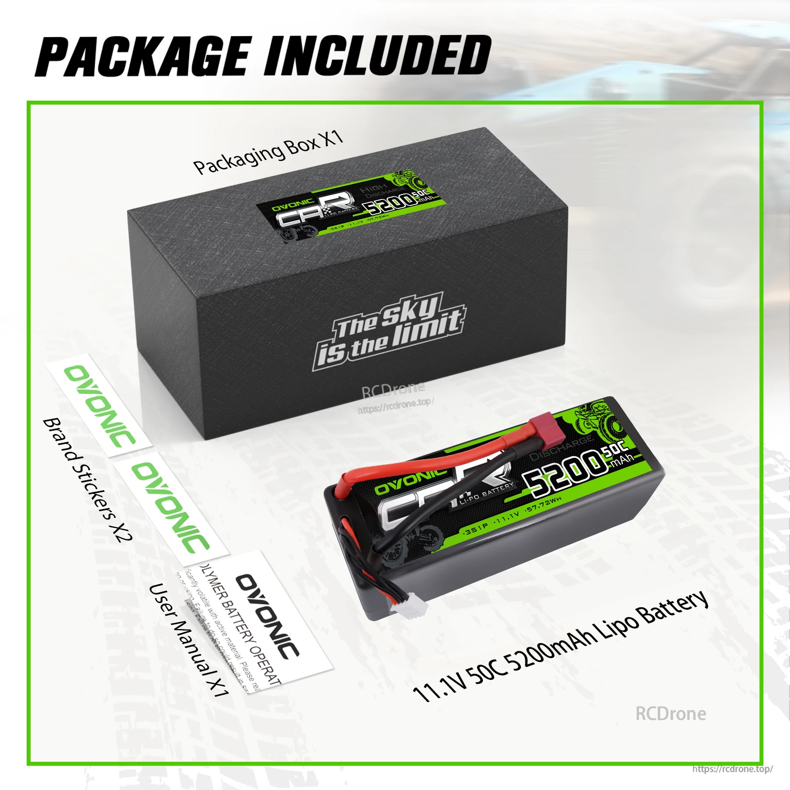 Package contents: OVONIC 11.1V 50C 5200mAh hardcase LiPo battery, packaging box, stickers, and user manual