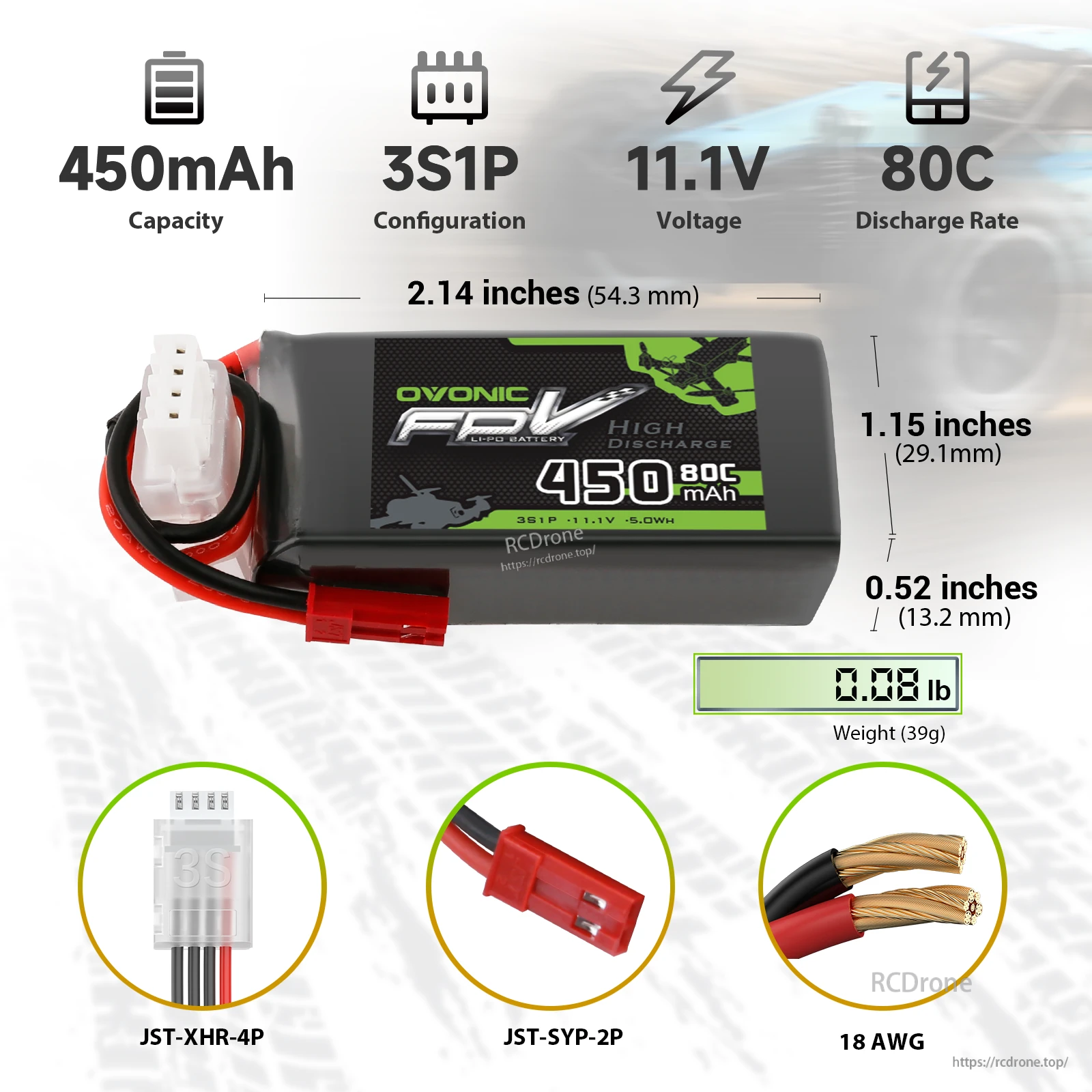 OVONIC 11.1V 80C 450mAh 3S Lipo Battery with JST Plug for FPV Drone Racing Freestyle 3-5-inches FPV Drone Frame Goggles Quadcopter