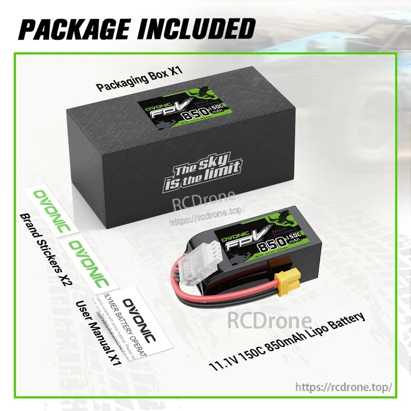 OVONIC 11.1V 850mAh 150C 3S LiPo battery package contents: battery, packaging box, brand stickers and user manual